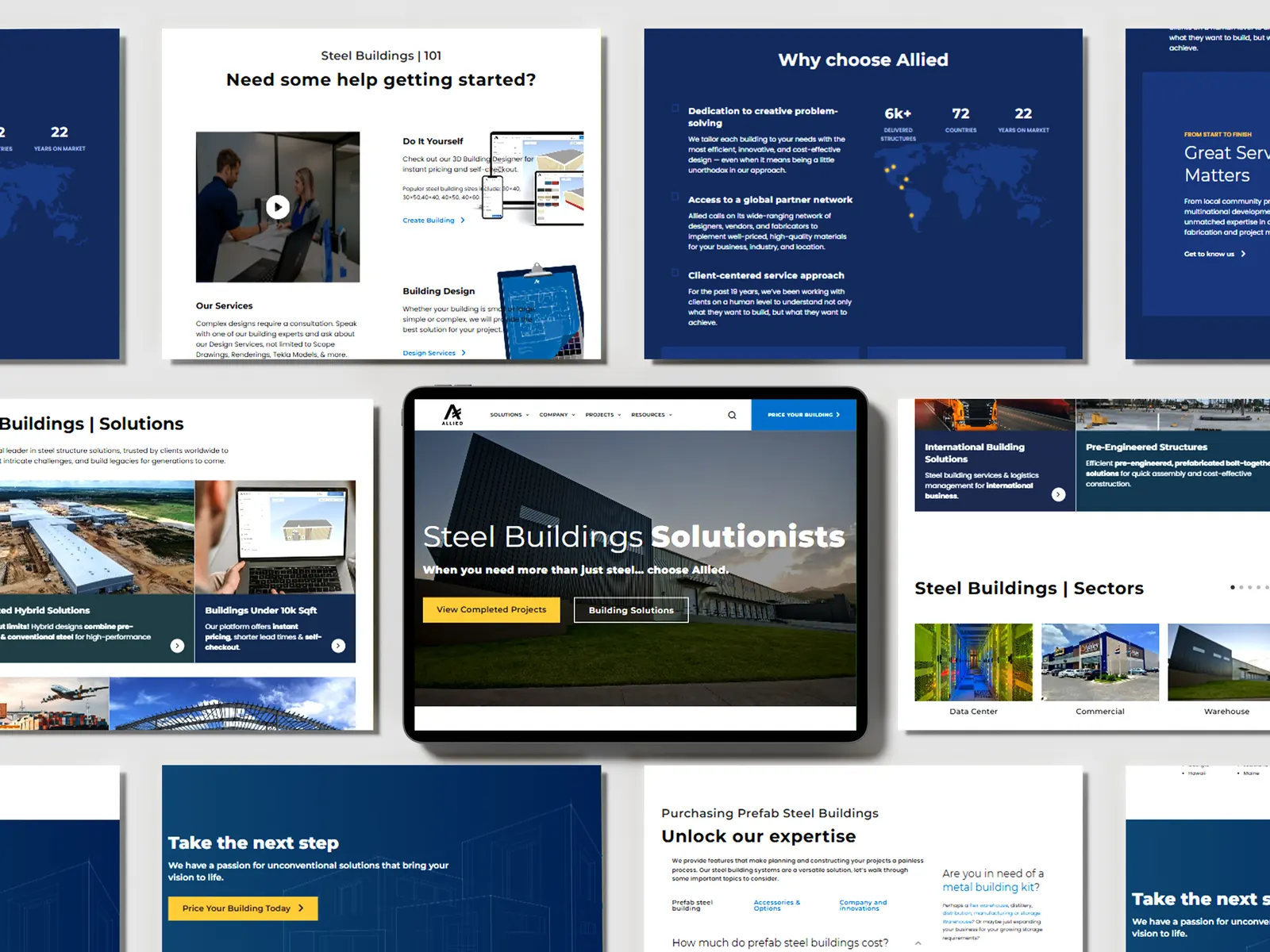Allied Buildings UI screens layered above a laptop mockup on a blue hero background