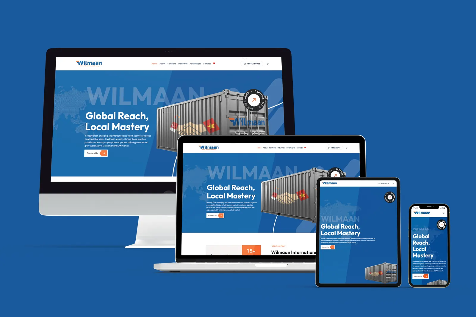 Wilmaan displayed across multiple devices (desktop, tablet, and phones) on a blue background