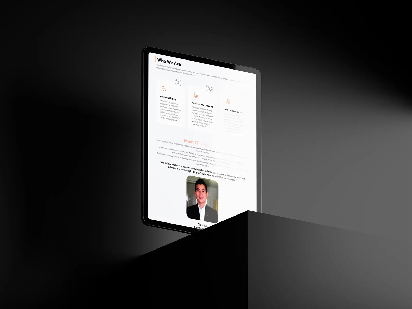Wilmaan website preview centered on a dark studio background